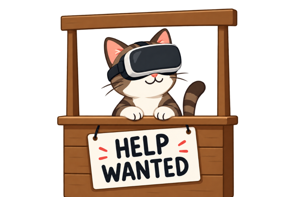 Katze mit VR-Brille hinter einem Stand mit dem Schild: Help Wanted