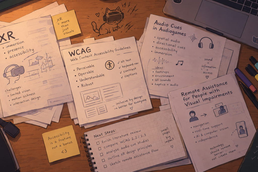 Schreibtisch mit Skizzen und Notizen zu XR Barrierefreiheit, Audiospielen und WCAG-Richtlinien mit Fokus auf visuelle und auditive Accessibility. Katze mit VR-Brille ist versteckt auf den Tisch gemalt