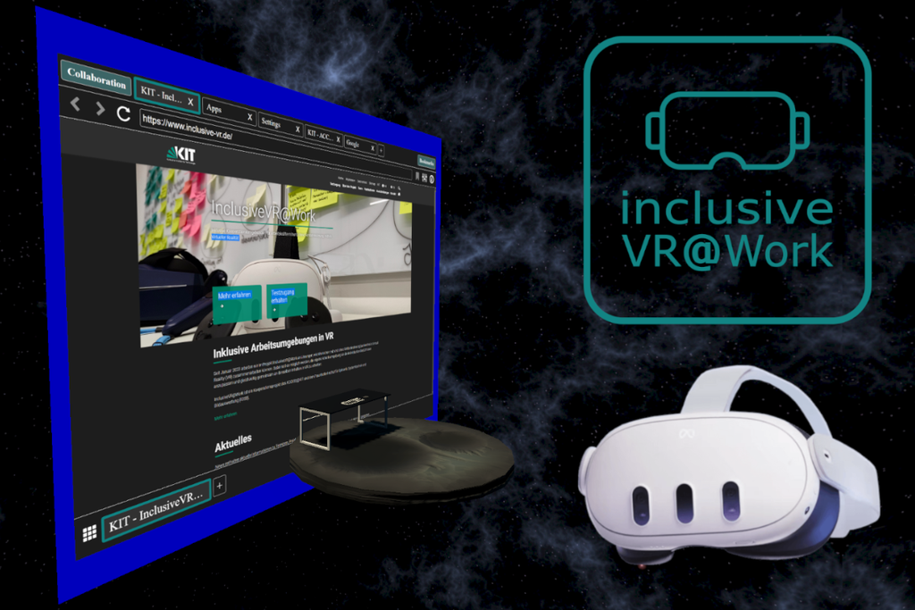 Weltraum VR Arbeitsumgebung mit InclusiveVR@Work Logo und einer Quest 3 VR-Brille